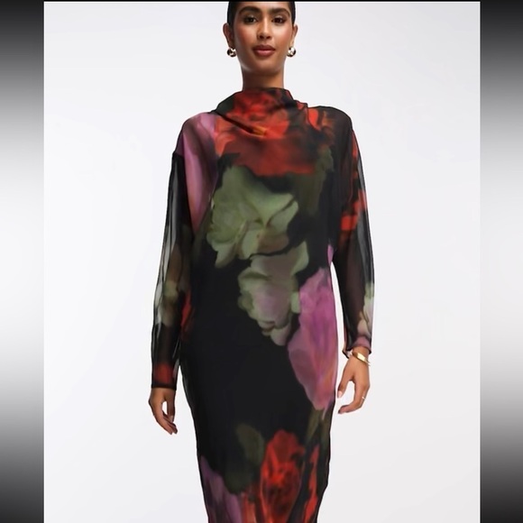 NWT ASOS DESIGN chiffon maxi dress blurred floral print with turtleneck size 8 - Picture 5 of 12